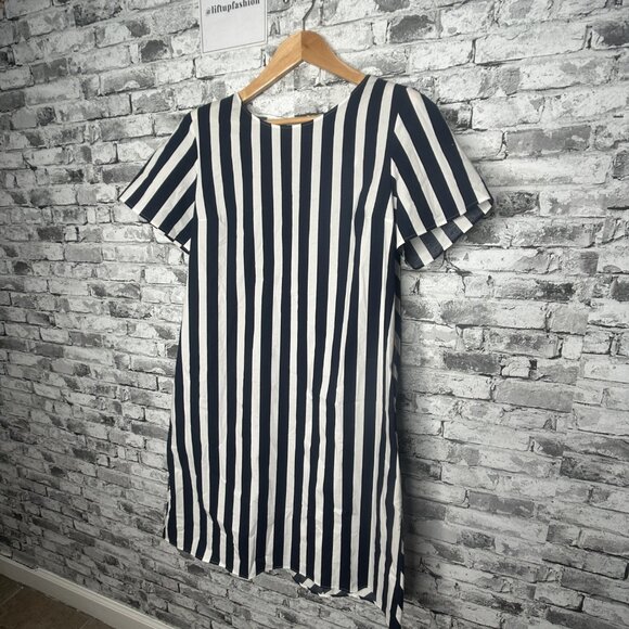 EUC COS Twist Back White and Navy Vertical Striped Dress Size 12 - Picture 3 of 16